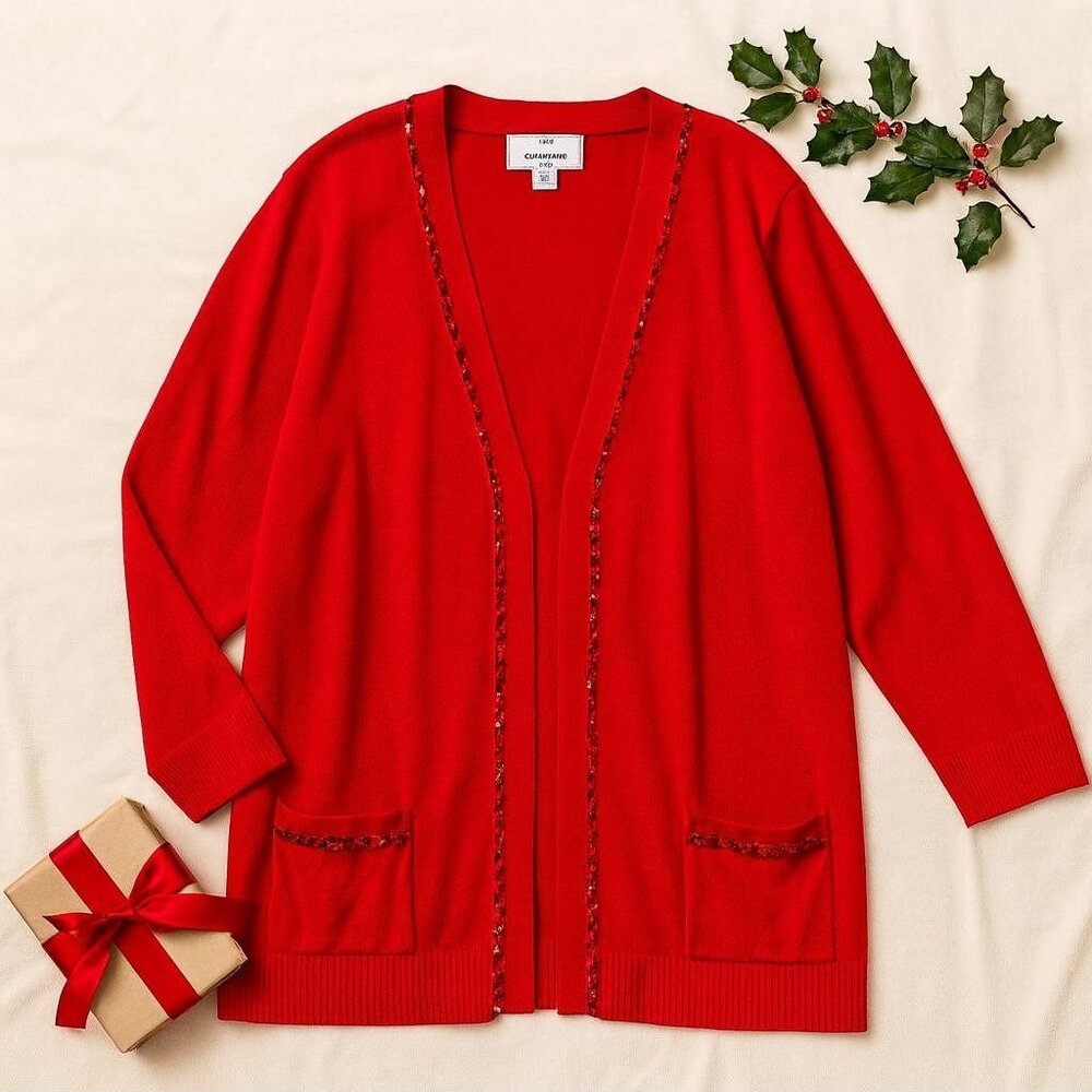 Avenue Holiday Red Cardigan Sweater Women’s Size 4X Plus Sequin Trim Open Front